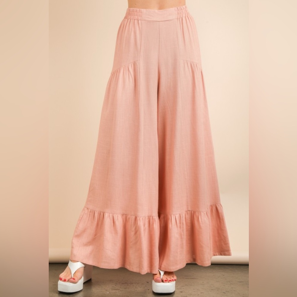 Very J Wide Leg Ruffle Hem Pants in Blush Pink